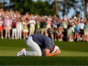 13 April 2025; Rory McIlroy of Northern Ireland celebrates on the 18th green after winning his playoff during the final round of the Masters Tournament at Augusta National Golf Club in Georgia, USA. Photo by Kyle Terada/Imagn Images via Sportsfile
