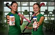 15 April 2025; U18 Hockey Internationals Mollie Lennon, left, and Eva Doyle in attendance as Tirlán announces sponsorship of Irish Under-18 Girls hockey team at Tirlán, Abbey Quarter, Kilkenny. Photo by Sam Barnes/Sportsfile