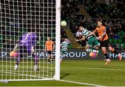 14 April 2025; Roberto Lopes of Shamrock Rovers heads his side's third goal during the SSE Airtricity Men's Premier Division match between Shamrock Rovers and Cork City at Tallaght Stadium in Dublin. Photo by Stephen McCarthy/Sportsfile