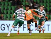 14 April 2025; David Dunne of Cork City in action against Daniel Cleary of Shamrock Rovers during the SSE Airtricity Men's Premier Division match between Shamrock Rovers and Cork City at Tallaght Stadium in Dublin. Photo by Stephen McCarthy/Sportsfile
