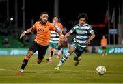 14 April 2025; Milan Mbeng of Cork City in action against Victor Ozhianvuna of Shamrock Rovers during the SSE Airtricity Men's Premier Division match between Shamrock Rovers and Cork City at Tallaght Stadium in Dublin. Photo by Stephen McCarthy/Sportsfile