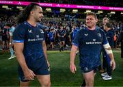 11 April 2025; James Lowe, left, and Tadhg Furlong of Leinster after the Investec Champions Cup quarter-final match between Leinster and Glasgow Warriors at the Aviva Stadium in Dublin. Photo by Brendan Moran/Sportsfile