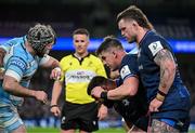 11 April 2025; Andrew Porter, right, and Dan Sheehan of Leinster prepare to pack down in a scrum during the Investec Champions Cup quarter-final match between Leinster and Glasgow Warriors at the Aviva Stadium in Dublin. Photo by Brendan Moran/Sportsfile