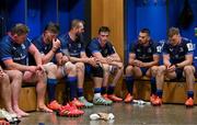 11 April 2025; Diarmuid Mangan of Leinster, centre, in the company of teammates, from left, Tadhg Furlong, Joe McCarthy, RG Snyman, Max Deegan and Josh van der Flier, speaks in the dressingroom after making his European debut in the Investec Champions Cup quarter-final match between Leinster and Glasgow Warriors at the Aviva Stadium in Dublin. Photo by Brendan Moran/Sportsfile