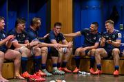 11 April 2025; Diarmuid Mangan of Leinster, centre, is congratulated by teammates, from left, Tadhg Furlong, Joe McCarthy, RG Snyman, Max Deegan and Josh van der Flier in the dressingroom after making his European debut in the Investec Champions Cup quarter-final match between Leinster and Glasgow Warriors at the Aviva Stadium in Dublin. Photo by Brendan Moran/Sportsfile