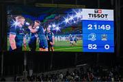 11 April 2025; A general view of the final score on the scoreboard after the Investec Champions Cup quarter-final match between Leinster and Glasgow Warriors at the Aviva Stadium in Dublin. Photo by Brendan Moran/Sportsfile
