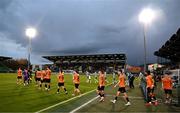 14 April 2025; Cork City and Shamrock Rovers players walk out for the SSE Airtricity Men's Premier Division match between Shamrock Rovers and Cork City at Tallaght Stadium in Dublin. Photo by Stephen McCarthy/Sportsfile