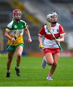 13 April 2025; Rebecca Bradley of Derry in action against Caoimhe O'Donovan of Offaly during the Very National Camogie League Division 2A final match between between Derry and Offaly at FBD Semple Stadium in Thurles, Tipperary. Photo by Tom Beary/Sportsfile
