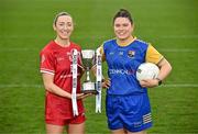 15 April 2025; Junior footballers Shannen McLoughlin of Louth and Eimear O’Brien of Longford in attendance at the launch of the TG4 Leinster LGFA Championships at Parnell Park in Dublin. Photo by Sam Barnes/Sportsfile
