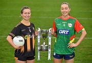 15 April 2025; Junior footballers Jennifer O’Keeffe of Kilkenny of Louth and Roisin Bailey of Carlow in attendance at the launch of the TG4 Leinster LGFA Championships at Parnell Park in Dublin. Photo by Sam Barnes/Sportsfile