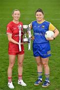 15 April 2025; Junior footballers Shannen McLoughlin of Louth and Eimear O’Brien of Longford in attendance at the launch of the TG4 Leinster LGFA Championships at Parnell Park in Dublin. Photo by Sam Barnes/Sportsfile