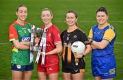 15 April 2025; In attendance at the launch of the TG4 Leinster LGFA Championships are, Junior footballers from left, Roisin Bailey of Carlow, Shannen McLoughlin of Louth, Jennifer O’Keeffe of Kilkenny and Eimear O’Brien of Longford at Parnell Park in Dublin. Photo by Sam Barnes/Sportsfile