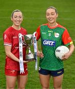 15 April 2025; Junior footballers Shannen McLoughlin of Louth and Roisin Bailey of Carlow in attendance at the launch of the TG4 Leinster LGFA Championships at Parnell Park in Dublin. Photo by Sam Barnes/Sportsfile