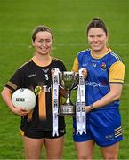 15 April 2025; Junior footballers Jennifer O’Keeffe of Kilkenny and Eimear O’Brien of Longford in attendance at the launch of the TG4 Leinster LGFA Championships at Parnell Park in Dublin. Photo by Sam Barnes/Sportsfile