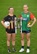 15 April 2025; Junior footballers Jennifer O’Keeffe of Kilkenny of Louth and Roisin Bailey of Carlow in attendance at the launch of the TG4 Leinster LGFA Championships at Parnell Park in Dublin. Photo by Sam Barnes/Sportsfile