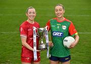 15 April 2025; Junior footballers Shannen McLoughlin of Louth and Roisin Bailey of Carlow in attendance at the launch of the TG4 Leinster LGFA Championships at Parnell Park in Dublin. Photo by Sam Barnes/Sportsfile