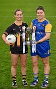 15 April 2025; Junior footballers Jennifer O’Keeffe of Kilkenny and Eimear O’Brien of Longford in attendance at the launch of the TG4 Leinster LGFA Championships at Parnell Park in Dublin. Photo by Sam Barnes/Sportsfile
