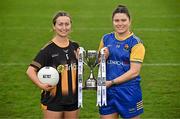 15 April 2025; Junior footballers Jennifer O’Keeffe of Kilkenny and Eimear O’Brien of Longford in attendance at the launch of the TG4 Leinster LGFA Championships at Parnell Park in Dublin. Photo by Sam Barnes/Sportsfile