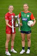 15 April 2025; Junior footballers Shannen McLoughlin of Louth and Roisin Bailey of Carlow in attendance at the launch of the TG4 Leinster LGFA Championships at Parnell Park in Dublin. Photo by Sam Barnes/Sportsfile
