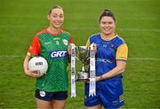 15 April 2025; Junior footballers Roisin Bailey of Carlow and Eimear O’Brien of Longford in attendance at the launch of the TG4 Leinster LGFA Championships at Parnell Park in Dublin. Photo by Sam Barnes/Sportsfile