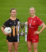 15 April 2025; Junior footballers Jennifer O’Keeffe of Kilkenny and Shannen McLoughlin of Louth in attendance at the launch of the TG4 Leinster LGFA Championships at Parnell Park in Dublin. Photo by Sam Barnes/Sportsfile