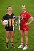 15 April 2025; Junior footballers Jennifer O’Keeffe of Kilkenny and Shannen McLoughlin of Louth in attendance at the launch of the TG4 Leinster LGFA Championships at Parnell Park in Dublin. Photo by Sam Barnes/Sportsfile