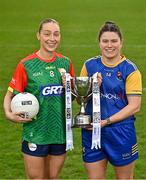 15 April 2025; Junior footballers Roisin Bailey of Carlow and Eimear O’Brien of Longford in attendance at the launch of the TG4 Leinster LGFA Championships at Parnell Park in Dublin. Photo by Sam Barnes/Sportsfile