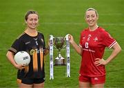 15 April 2025; Junior footballers Jennifer O’Keeffe of Kilkenny and Shannen McLoughlin of Louth in attendance at the launch of the TG4 Leinster LGFA Championships at Parnell Park in Dublin. Photo by Sam Barnes/Sportsfile