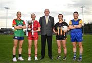 15 April 2025; In attendance at the launch of the TG4 Leinster LGFA Championships is Leinster  LGFA President Arthur Corrigan, with Junior footballers from left, Roisin Bailey of Carlow, Shannen McLoughlin of Louth, Jennifer O’Keeffe of Kilkenny and Eimear O’Brien of Longford at Parnell Park in Dublin. Photo by Sam Barnes/Sportsfile