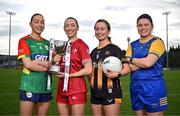 15 April 2025; In attendance at the launch of the TG4 Leinster LGFA Championships are, Junior footballers from left, Roisin Bailey of Carlow, Shannen McLoughlin of Louth, Jennifer O’Keeffe of Kilkenny and Eimear O’Brien of Longford at Parnell Park in Dublin. Photo by Sam Barnes/Sportsfile