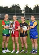 15 April 2025; In attendance at the launch of the TG4 Leinster LGFA Championships are, Junior footballers from left, Roisin Bailey of Carlow, Shannen McLoughlin of Louth, Jennifer O’Keeffe of Kilkenny and Eimear O’Brien of Longford at Parnell Park in Dublin. Photo by Sam Barnes/Sportsfile