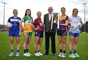 15 April 2025; In attendance at the launch of the TG4 Leinster LGFA Championships is Leinster LGFA President Arthur Corrigan, with Intermediate footballers from left, Andrea Moran of Laois, Michele Mann of Offaly, Fiona Coyle of Westmeath, Aisling Halligan of Wexford, and Sarah Jane Winders of Wicklow at Parnell Park in Dublin. Photo by Sam Barnes/Sportsfile
