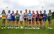 15 April 2025; In at the launch of the TG4 Leinster LGFA Championships are, from left, Michele Mann of Offaly, Sarah Jane Winders of Wicklow, Andrea Moran of Laois, Roisin Bailey of Carlow, Laoise Lenehan of Kildare, Aisling Halligan of Wexford, Carla Rowe of Dublin, Shannen McLoughlin of Louth, Fiona Coyle of Westmeath, Jennifer O’Keeffe of Kilkenny, Eimear O’Brien of Longford, Aoibhín Cleary of Meath at Parnell Park in Dublin. Photo by Sam Barnes/Sportsfile