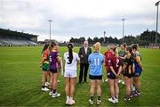 15 April 2025; Leinster LGFA President Arthur Corrigan speaks to players attending the launch of the TG4 Leinster LGFA Championships at Parnell Park in Dublin. Photo by Sam Barnes/Sportsfile