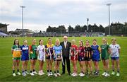 15 April 2025; In at the launch of the TG4 Leinster LGFA Championships is Leinster LGFA President Arthur Corrigan, with from left, Michele Mann of Offaly, Andrea Moran of Laois, Roisin Bailey of Carlow, Laoise Lenehan of Kildare, Aisling Halligan of Wexford, Carla Rowe of Dublin, Shannen McLoughlin of Louth, Fiona Coyle of Westmeath, Jennifer O’Keeffe of Kilkenny, Eimear O’Brien of Longford, Aoibhín Cleary of Meath and Sarah Jane Winders of Wicklow at Parnell Park in Dublin. Photo by Sam Barnes/Sportsfile