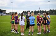 15 April 2025; Leinster LGFA President Arthur Corrigan speaks to players attending the launch of the TG4 Leinster LGFA Championships at Parnell Park in Dublin. Photo by Sam Barnes/Sportsfile
