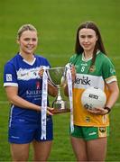 15 April 2025; Intermediate footballers Andrea Moran of Laois and Michele Mann of Offaly in attendance at the launch of the TG4 Leinster LGFA Championships at Parnell Park in Dublin. Photo by Sam Barnes/Sportsfile