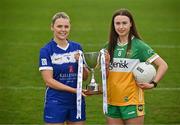 15 April 2025; Intermediate footballers Andrea Moran of Laois and Michele Mann of Offaly in attendance at the launch of the TG4 Leinster LGFA Championships at Parnell Park in Dublin. Photo by Sam Barnes/Sportsfile