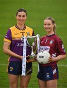 15 April 2025; Intermediate footballers Aisling Halligan of Wexford and Fiona Coyle of Westmeath in attendance at the launch of the TG4 Leinster LGFA Championships at Parnell Park in Dublin. Photo by Sam Barnes/Sportsfile