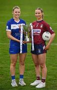 15 April 2025; Intermediate footballers Andrea Moran of Laois and Fiona Coyle of Westmeath in attendance at the launch of the TG4 Leinster LGFA Championships at Parnell Park in Dublin.  Photo by Sam Barnes/Sportsfile