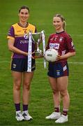 15 April 2025; Intermediate footballers Aisling Halligan of Wexford and Fiona Coyle of Westmeath in attendance at the launch of the TG4 Leinster LGFA Championships at Parnell Park in Dublin. Photo by Sam Barnes/Sportsfile