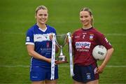 15 April 2025; Intermediate footballers Andrea Moran of Laois and Fiona Coyle of Westmeath in attendance at the launch of the TG4 Leinster LGFA Championships at Parnell Park in Dublin.  Photo by Sam Barnes/Sportsfile