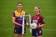 15 April 2025; Intermediate footballers Aisling Halligan of Wexford and Fiona Coyle of Westmeath in attendance at the launch of the TG4 Leinster LGFA Championships at Parnell Park in Dublin. Photo by Sam Barnes/Sportsfile