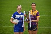 15 April 2025; Intermediate footballers Andrea Moran of Laois and Aisling Halligan of Wexford in attendance at the launch of the TG4 Leinster LGFA Championships at Parnell Park in Dublin. Photo by Sam Barnes/Sportsfile