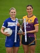 15 April 2025; Intermediate footballers Andrea Moran of Laois and Aisling Halligan of Wexford in attendance at the launch of the TG4 Leinster LGFA Championships at Parnell Park in Dublin. Photo by Sam Barnes/Sportsfile