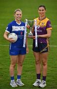 15 April 2025; Intermediate footballers Andrea Moran of Laois and Aisling Halligan of Wexford in attendance at the launch of the TG4 Leinster LGFA Championships at Parnell Park in Dublin. Photo by Sam Barnes/Sportsfile