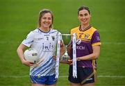 15 April 2025; Intermediate footballers Sarah Jane Winders of Wicklow and Aisling Halligan of Wexford in attendance at the launch of the TG4 Leinster LGFA Championships at Parnell Park in Dublin. Photo by Sam Barnes/Sportsfile