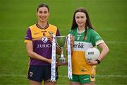 15 April 2025; Intermediate footballers Aisling Halligan of Wexford and Michele Mann of Offaly in attendance at the launch of the TG4 Leinster LGFA Championships at Parnell Park in Dublin. Photo by Sam Barnes/Sportsfile