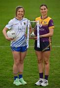15 April 2025; Intermediate footballers Sarah Jane Winders of Wicklow and Aisling Halligan of Wexford in attendance at the launch of the TG4 Leinster LGFA Championships at Parnell Park in Dublin. Photo by Sam Barnes/Sportsfile