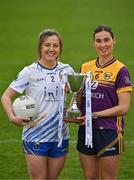 15 April 2025; Intermediate footballers Sarah Jane Winders of Wicklow and Aisling Halligan of Wexford in attendance at the launch of the TG4 Leinster LGFA Championships at Parnell Park in Dublin. Photo by Sam Barnes/Sportsfile